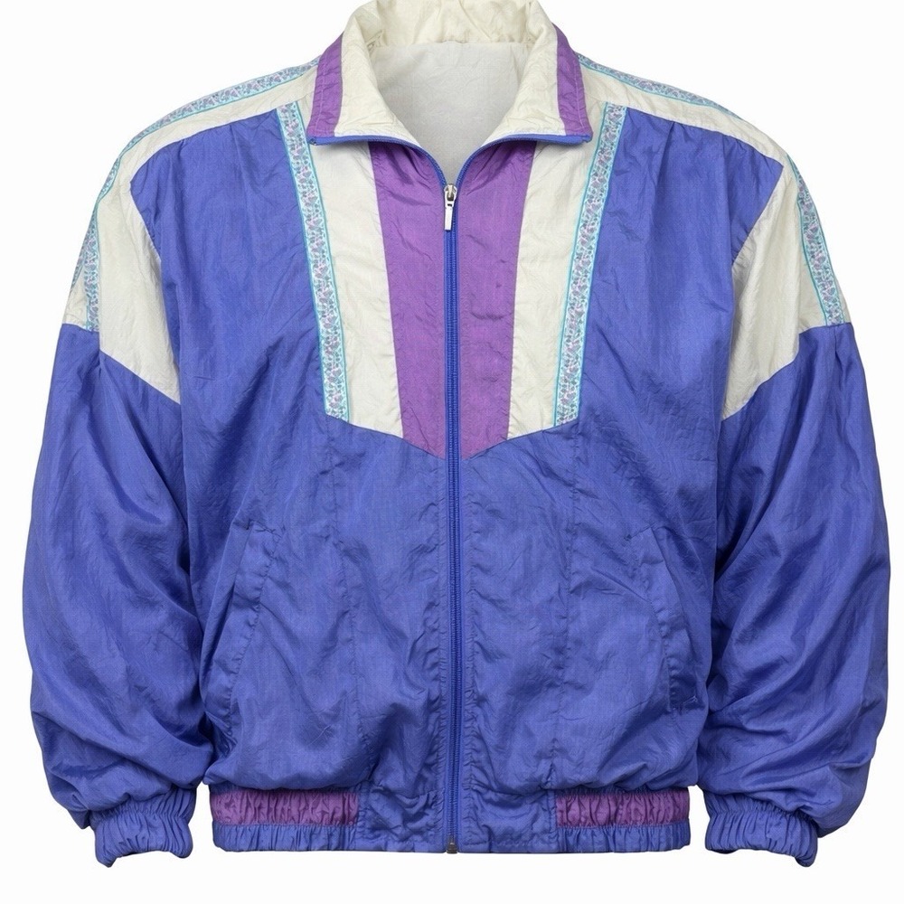 Vintage Bold Spirit Windbreaker Jacket Sz S Purple Blue Floral Colorblock 90s
